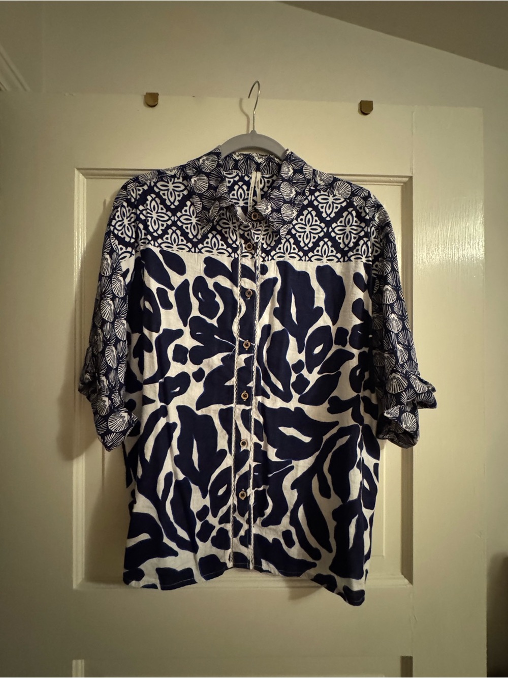 Anthropologie Navy & White Mixed Print Button Down Blouse